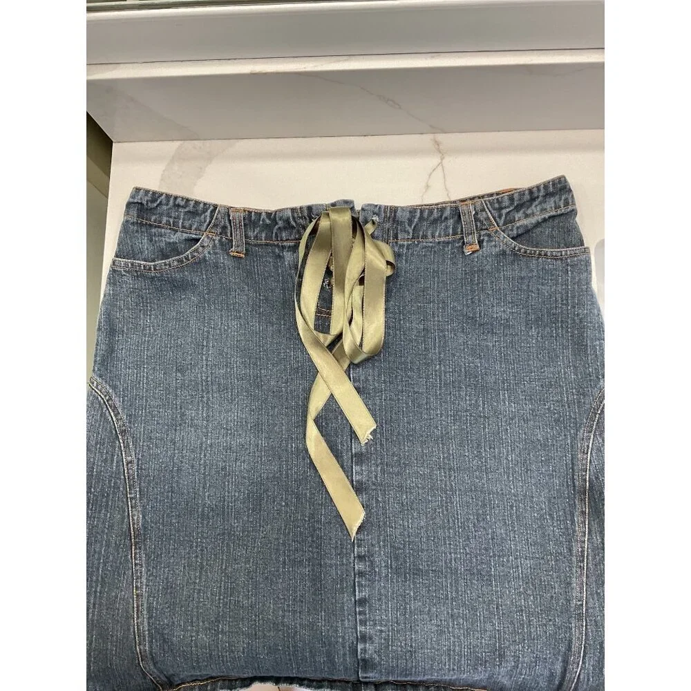 Clio Vintage Denim Skirt Ribbon Tie Front Mid-Length Size M 90s Grunge